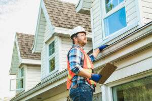 Man With Hard Hat Standing On Steps Inspecting House Roof