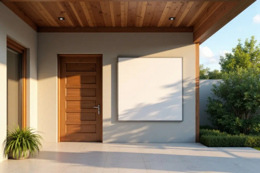 Empty Billboard On A Light Beige Exterior Wall With A Wooden Entry Door