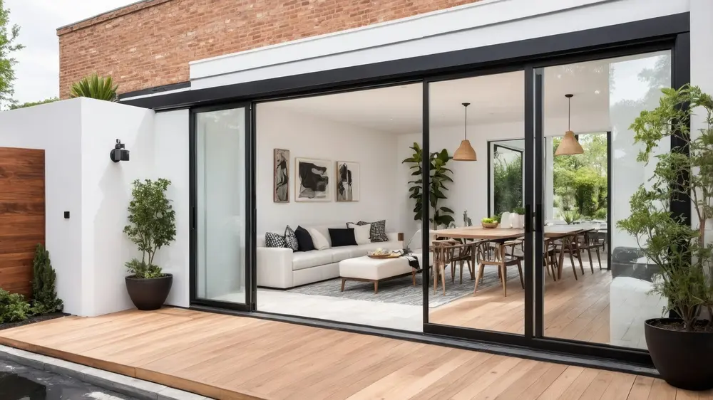 Interior And Exterior Of Modern Home With Large Sliding Doors