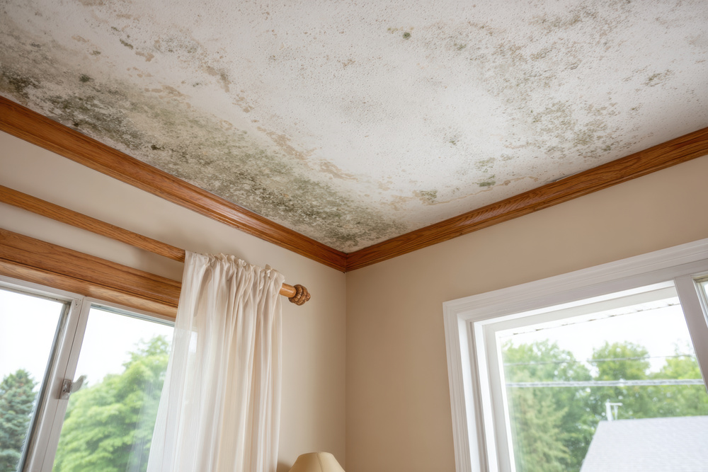 Moldy Ceiling With Water Damage Room With Beige Walls And Wooden Trim Showing Signs Of Moisture And Neglect Causing Potential Health Concerns