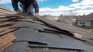 Roofing Worker Inspecting A Roof For Damage After A Storm Featuring Attention To Detail And Care Roofing Worker Inspecting A Roof For Damage After A Storm Featuring Attention To Detail And Care
