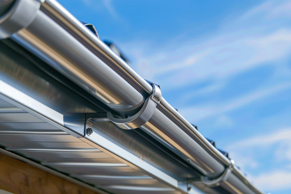 Close Up Of Aluminum Gutter System Attached To House Roof Edge Bright Sky